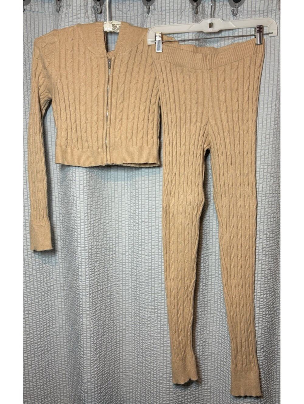 36Point5 Beige/Tan Cable Knit 2-Piece Activewear Pant/Hoodie Set Size Large